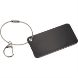 A black aluminium identification tag with a silver metal wire loop and a clip for attachment.