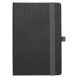 A black notebook featuring a geometric textured cover and a grey elastic band for closure. It has a logo on the cover.