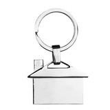 A metallic keyring shaped like a house, featuring a polished silver finish and a keyring attachment.