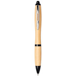 A bamboo ballpoint pen featuring a black trim and a shiny clip, showcasing a natural wood finish.