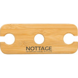 A bamboo wine bottle and glass carrier featuring two circular cutouts and a logo.