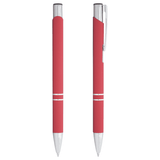 A red metal ballpoint pen with a sleek design and silver accents, featuring a clip and a smooth click action.