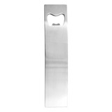 A drink bottle opener, featuring a sleek stainless steel design, with a built-in cap lifter and a logo.
