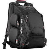 A black, checkpoint-friendly backpack with multiple zippered pockets and a mesh side pocket. Features a logo.