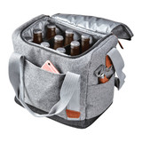 A grey cooler bag with a zippered top, holding six drink bottles and featuring a front pocket.