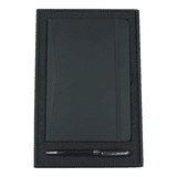 A black gift set featuring a pocket journal and a twist ballpoint pen, packaged in a stylish box with a logo.