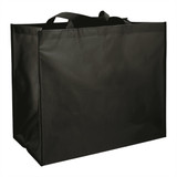 A black double laminated wipeable jumbo tote bag with sturdy handles. Features a logo on the surface.