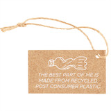 A recycled paper tag with a natural string, featuring a graphic of a plastic bottle and eco-friendly text.