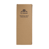 A drink bottle in a cardboard packaging, featuring stainless steel material with a logo on it.