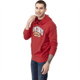 A red fleece hoody featuring a logo, with a kangaroo pocket and a comfortable fit for men.