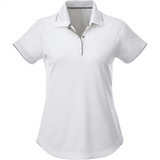 A women's short sleeve polo shirt in white with grey accents and a collar, featuring a logo.