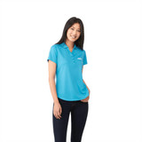 A women's short sleeve polo in bright blue, featuring a collar and a logo on the chest.