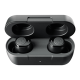 A pair of black earbuds inside a compact charging case, with a sleek design and branding.