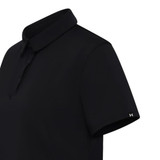 A women’s black polo shirt with a collar and short sleeves, featuring a logo on the side.