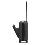 A dark grey carry-on suitcase with a retractable handle and an open compartment showcasing the interior.
