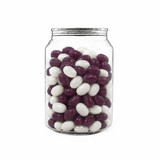 A clear can filled with purple and white jelly beans, featuring a metallic lid.