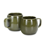 A set of two glossy green coffee mugs with one featuring a handle. Both have a rounded shape.