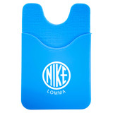 A blue phone wallet with a textured design and a logo. Features a pocket for cards or cash.