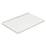 A large spiral-bound notebook with a plain white cover and blank pages, featuring a simple design.