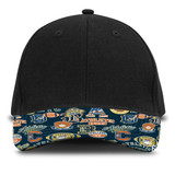 A black cap with a patterned peak featuring various logos and designs in blue, yellow, and white.