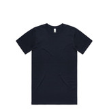 A navy blue organic t-shirt with short sleeves and a branding label on the neck.