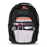 A black backpack with multiple compartments, featuring an orange zipper and organisational pockets for accessories and stationery.