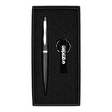 A black pen and bottle opener keyring set nestled in a black gift box with a branded logo.