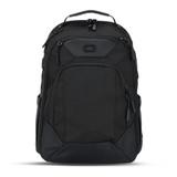 A black OGIO Gambit DNA Backpack with multiple compartments and a carry handle on top. It features a logo.