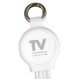 A white 6-in-1 multi charging cable with multiple connectors and a keyring attachment.
