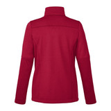 A softshell jacket in red, featuring a high collar and long sleeves, with a logo on the back.