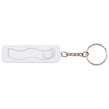 A white recycled plastic phone stand with a fidget toy, attached to a metal keychain.