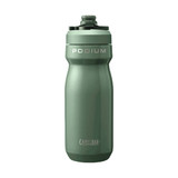A drink bottle in a muted green colour, featuring a textured body and a screw-on cap, along with a logo.
