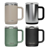 A drink bottle collection featuring a beige, silver, green, and black travel mug, each with a handle and a lid.