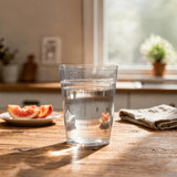 A clear glass filled with water, placed on a wooden table beside a plate of sliced fruit and a towel.