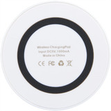 A wireless charging pad in white with a solid black circular base, featuring a logo.