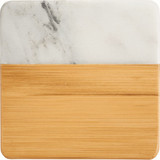 A marble and bamboo coaster featuring a white marble top and a natural bamboo bottom. It has a simple, elegant design.