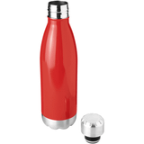 A drink bottle in bright red stainless steel with a silver base and a screw top. It has a logo on the side.