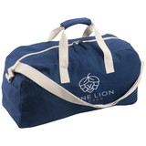 A navy blue duffle bag with cream handles and a logo on the front. It features a zip closure and shoulder strap.