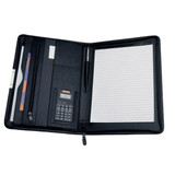 A black A4 zip compendium featuring a calculator, pen holder, card slots, and lined notepaper.
