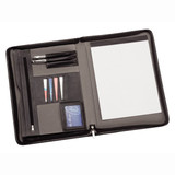 A black and grey imitation leather zip compendium featuring a notepad, pen holder, card slots, and document pockets.