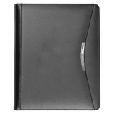 A black bonded leather compendium featuring a sleek design and a silver accent at the front. It includes a logo.