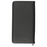 A black travel wallet with a smooth finish and a zip closure, featuring a simple design and a logo.