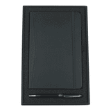 A black gift set featuring a pocket journal and a twist ballpoint pen, packaged in a stylish box with a logo.