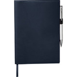 A navy refillable journal with a sleek cover and a pen attached, featuring an elastic pen loop and ribbon bookmark.