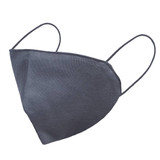 A dark grey face mask with elastic ear straps, designed for personal use. It features a logo on the side.