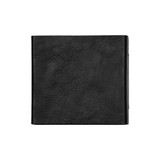 A black leather wallet with a textured surface and a closed design. It features a branding logo in one corner.