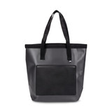 A grey bucket bag with black straps and a front mesh pocket, featuring a logo.