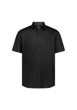 A short-sleeve men's shirt in black with a classic fit and button-up design, featuring a logo.