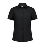 A black short sleeve women's shirt featuring a button-up front and a collar, with a subtle logo.
