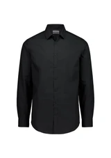 A black slim fit long sleeve shirt with a button-down front and a collar. It features a logo on the chest.